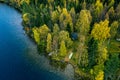 Aerial view of cottage in autumn colors forest by the blue lake in rural  Finland Royalty Free Stock Photo