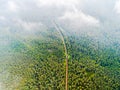 Aerial view of a country road in the forest. Beautiful landscape. Clouds over the green forest and road. Aerial bird`s eye road. Royalty Free Stock Photo