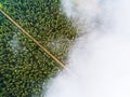Aerial view of a country road in the forest. Beautiful landscape. Clouds over the green forest and road. Aerial bird`s eye road. Royalty Free Stock Photo