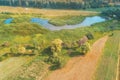 Aerial view of the countryside. Arable field and brook Royalty Free Stock Photo