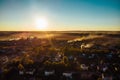 Aerial view of countryside village panorama in autumn sunset Royalty Free Stock Photo