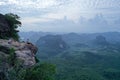 Aerial view of couple on the edge of the rock on the mountain view point