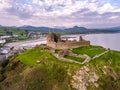 Aerial view of Criccieth castle and beach at dawn, Wales, UK