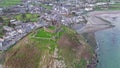 Aerial view of Criccieth castle and beach at dawn, Wales, UK