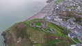 Aerial view of Criccieth castle and beach at dawn, Wales, UK