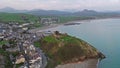 Aerial view of Criccieth castle and beach at dawn, Wales, UK