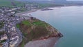 Aerial view of Criccieth castle and beach at dawn, Wales, UK