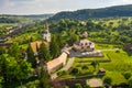 Aerial view of Crit fortified Church and pariah house near Brasov, Romania