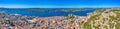 Aerial view of Croatian town Sibenik with Saint michael's fortress, Saint John's Fortress and Sveti Ante channel Royalty Free Stock Photo