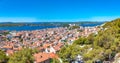 Aerial view of Croatian town Sibenik with Saint michael's fortress, Saint John's Fortress and Sveti Ante channel Royalty Free Stock Photo