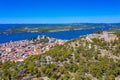 Aerial view of Croatian town Sibenik with Saint michael's fortress, Saint John's Fortress and Sveti Ante channel Royalty Free Stock Photo