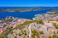 Aerial view of Croatian town Sibenik with Saint michael's fortress, Saint John's Fortress and Sveti Ante channel Royalty Free Stock Photo