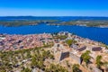 Aerial view of Croatian town Sibenik with Saint michael's fortress, Saint John's Fortress and Sveti Ante channel Royalty Free Stock Photo