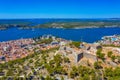 Aerial view of Croatian town Sibenik with Saint michael's fortress, Saint John's Fortress and Sveti Ante channel Royalty Free Stock Photo