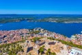 Aerial view of Croatian town Sibenik with Saint michael's fortress, Saint John's Fortress and Sveti Ante channel Royalty Free Stock Photo