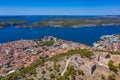 Aerial view of Croatian town Sibenik with Saint michael's fortress, Saint John's Fortress and Sveti Ante channel Royalty Free Stock Photo