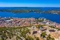 Aerial view of Croatian town Sibenik with Saint michael's fortress, Saint John's Fortress and Sveti Ante channel Royalty Free Stock Photo