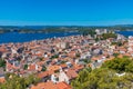 Aerial view of Croatian town Sibenik with Saint michael's fortress, Saint John's Fortress and Sveti Ante channel Royalty Free Stock Photo