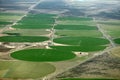 An aerial view of crop circles created by agricultural irrigation systems.