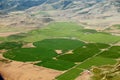 An aerial view of irrigated farm land.