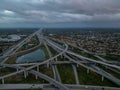 Aerial view of crossing highway roads above Florida during the sunrise