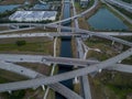 Aerial view of crossing highway roads above Florida during the sunrise