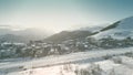 Aerial shot of hotels and an Alpine ski track in famous Alpe d'Huez ski resort, France