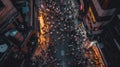 Aerial view of a crowded street created with Generative AI. Lots of people walking.