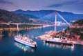 Aerial view of cruise ship at harbor and bridge at night