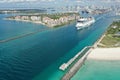 Aerial view of cruise ship leaving Port Miami and Miami Beach, Florida. Royalty Free Stock Photo