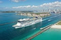 Aerial view of cruise ship leaving Port Miami and Miami Beach, Florida. Royalty Free Stock Photo