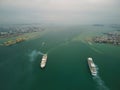 Aerial view cruise ship move at different direction at Penang Port