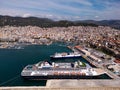 Aerial view cruise ship in port of Kavala. Visitors can enjoy breathtaking panoramas of the city's colorful