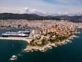 Aerial view cruise ship in port of Kavala. Visitors can enjoy breathtaking panoramas of the city's colorful