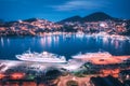 Aerial view of cruise ship in port at night. Landscape Royalty Free Stock Photo