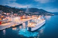 Aerial view of cruise ship in port at night. Landscape Royalty Free Stock Photo