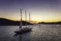 Aerial view on cruise ship during sunset. Adventure and travel. Landscape with cruise liner on Mediterranean sea. Luxury cruise. Royalty Free Stock Photo