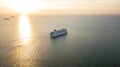 Aerial view Cruise ship at sunset in ocean, Aerial view large cruise ship at sea, Passenger cruise ship vessel, sailing across the Royalty Free Stock Photo