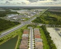 Aerial view of cul-de-sac at neighborhood street dead end with tightly packed homes in Florida closed living clubs Royalty Free Stock Photo