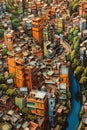 aerial view of a culturally diverse cityscape