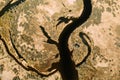 Aerial View Curved River In Early Spring Landscape. River bends and dry grass landscape. Top View Of Beautiful European