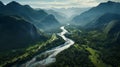 Aerial view of a curvy river and majestic mountains Royalty Free Stock Photo