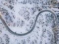 Aerial view of Curvy Windy Road in snow covered forest in Winter Finland Royalty Free Stock Photo