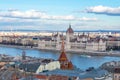 Aerial view on Danube River and buildings in City center of Budapest, Hungary. Drone photo, high angle view of town Royalty Free Stock Photo