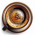 Aerial View of Dark Coffee in Brown Ceramic Cup Isolated on White Royalty Free Stock Photo