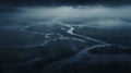 Mystical Aerial View Of A Dark Fantasy Landscape With River Lines