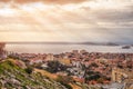 Aerial View at dawn on the Marseille City and its Harbor, France Royalty Free Stock Photo