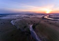 Aerial view of the dawn over the river in the fog Royalty Free Stock Photo