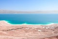 Aerial view Dead Sea coast landscape with therapeutic curative mud