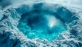 Aerial View of a Deep Blue Ice Hole in a Snowy Arctic Landscape. Lake in glacier